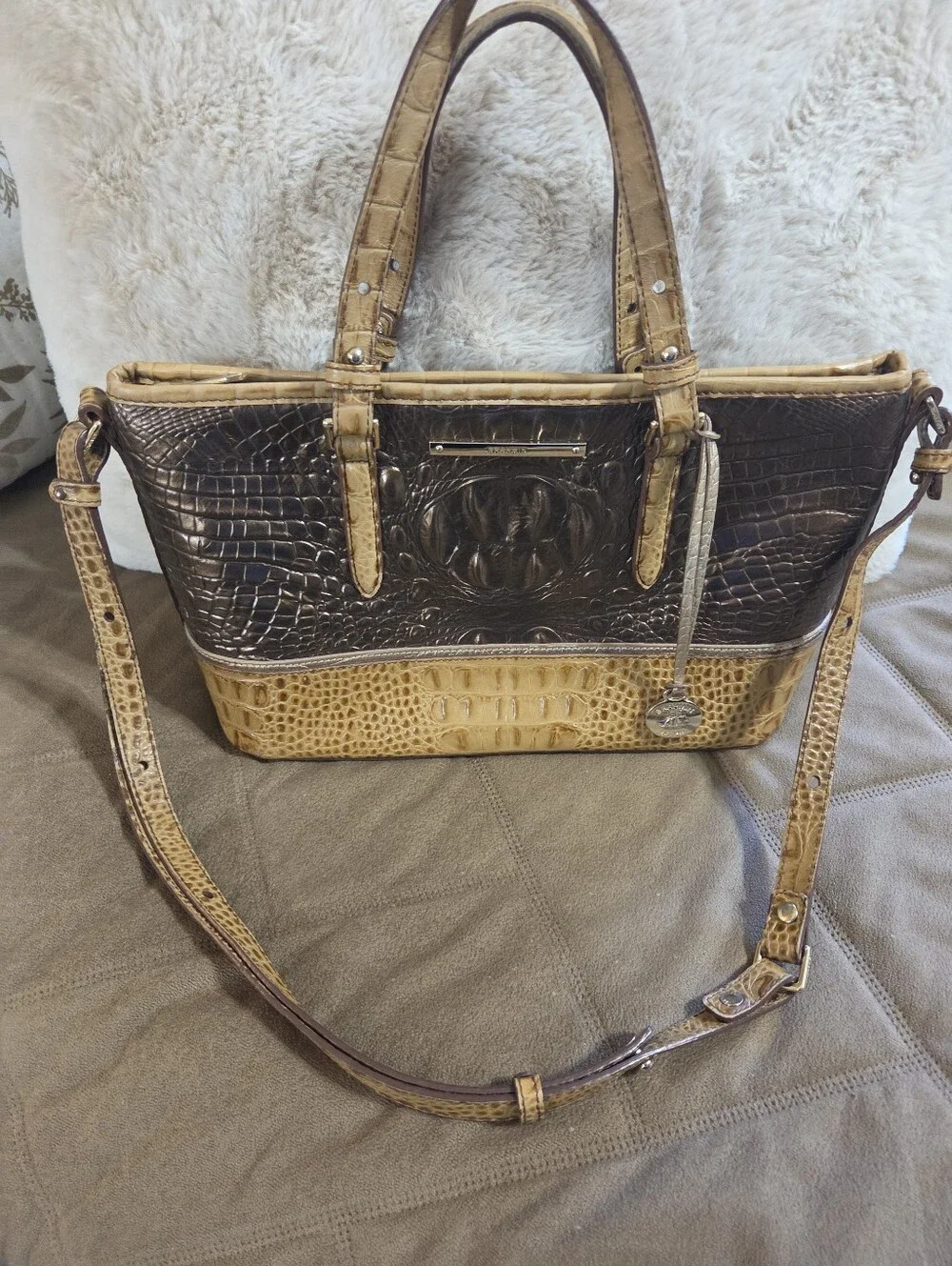 Brahmin Mini Asher 2 Tone Metallic Brown And Tan Crocodile-Embossed Satchel Bag